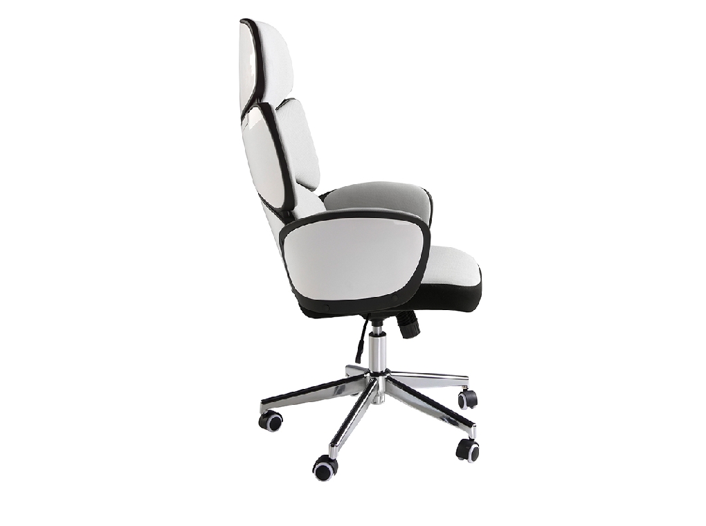 Bürodrehstuhl aus hellgrauem Stoff und glänzend weißem PVC