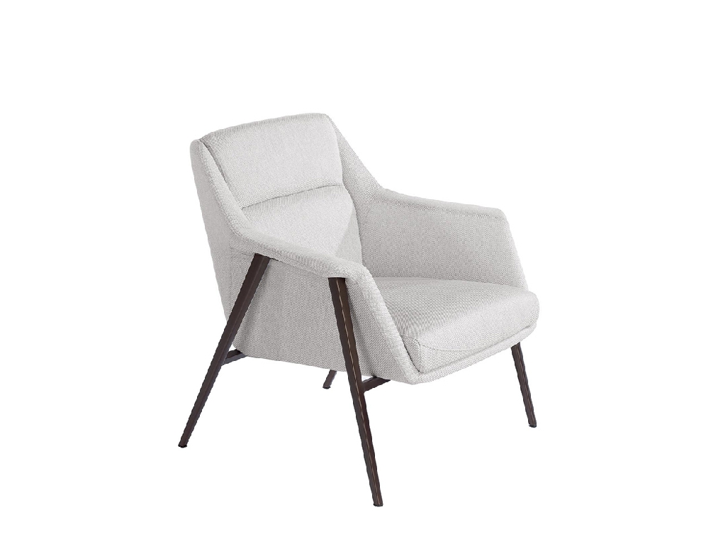 Armchair upholstered in fabric and brown steel legs