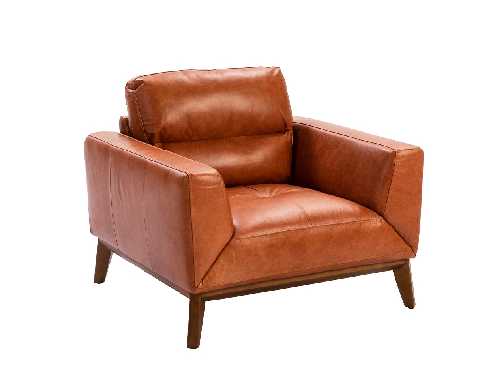 Armchair upholstered in leather and Walnut wood legs