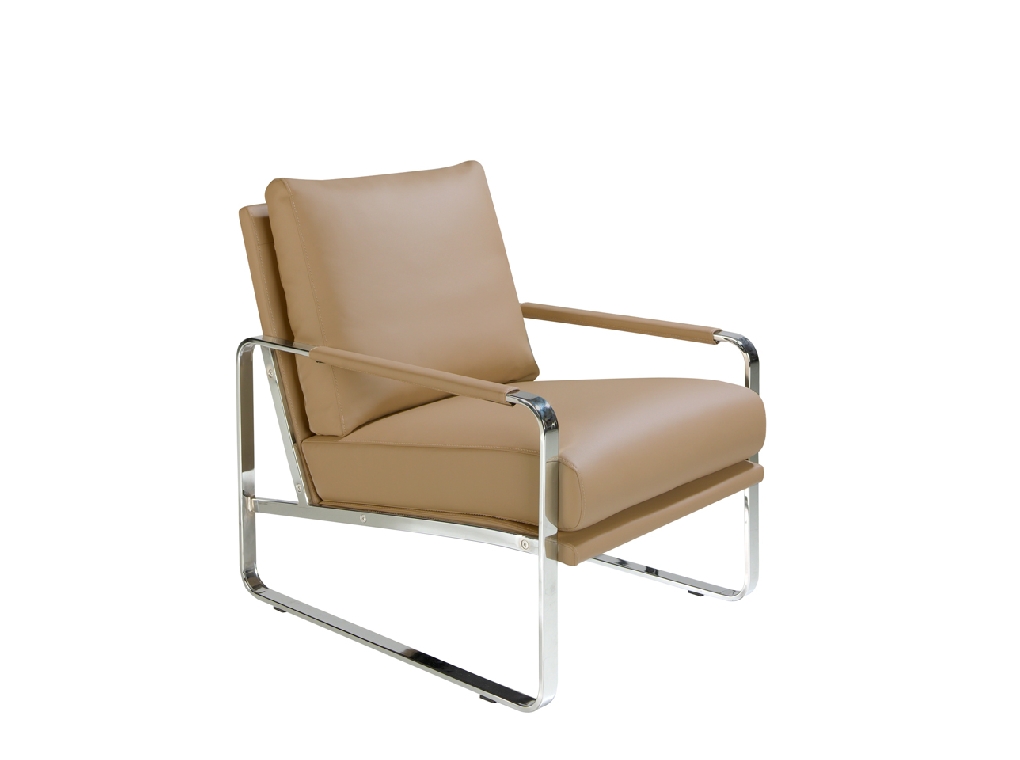 Armchair upholstered in leatherette and chrome steel legs