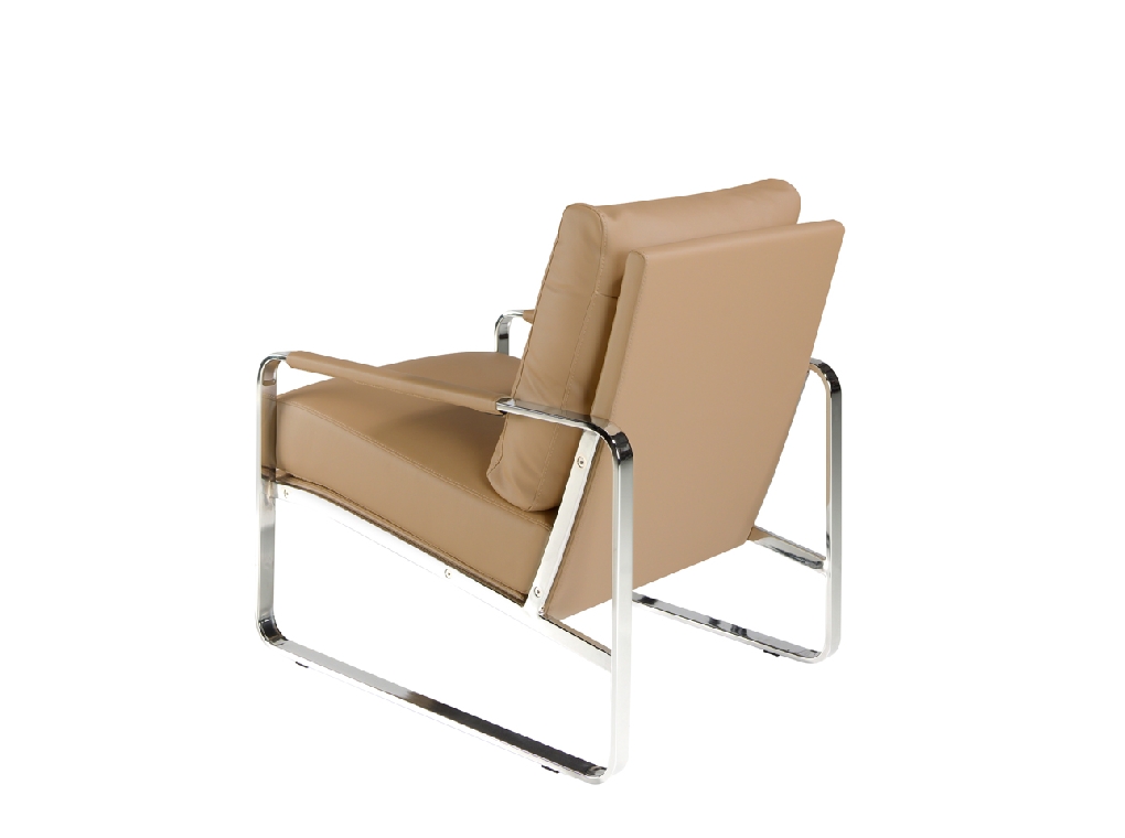 Armchair upholstered in leatherette and chrome steel legs