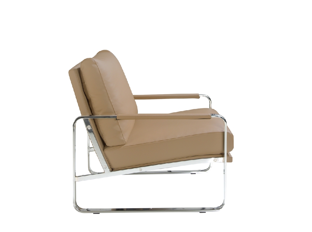 Armchair upholstered in leatherette and chrome steel legs