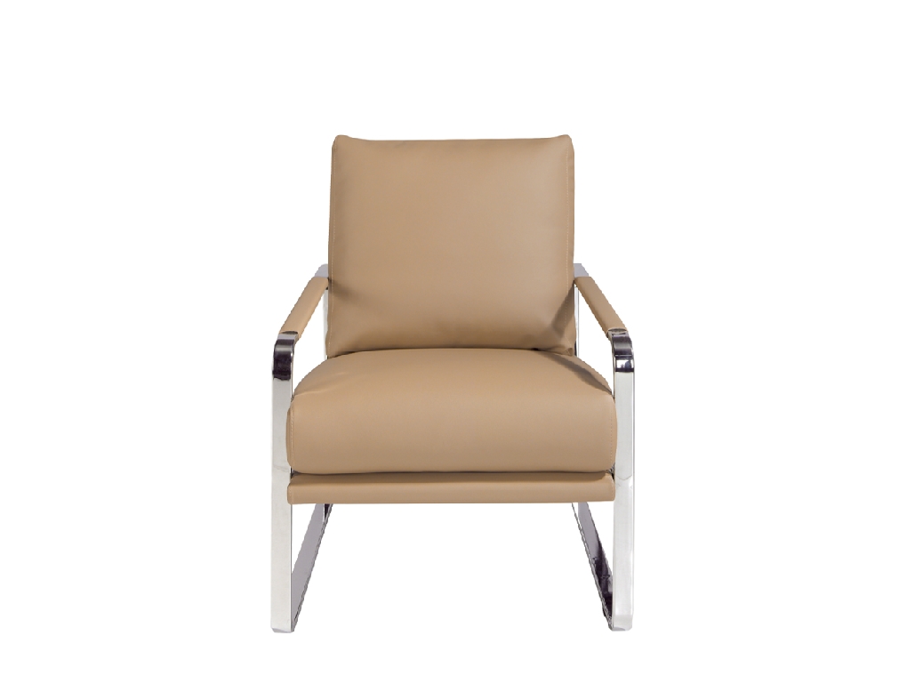 Armchair upholstered in leatherette and chrome steel legs