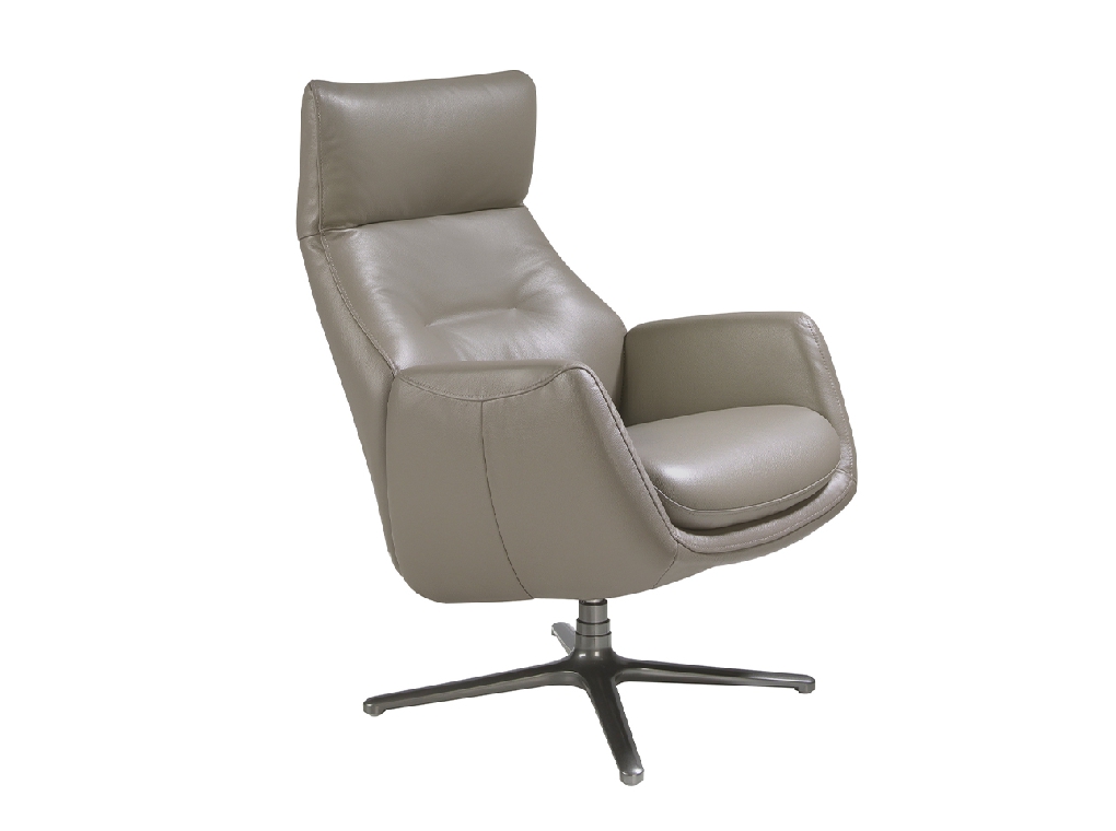 Leather upholstered reclining swivel armchair with darkened steel legs