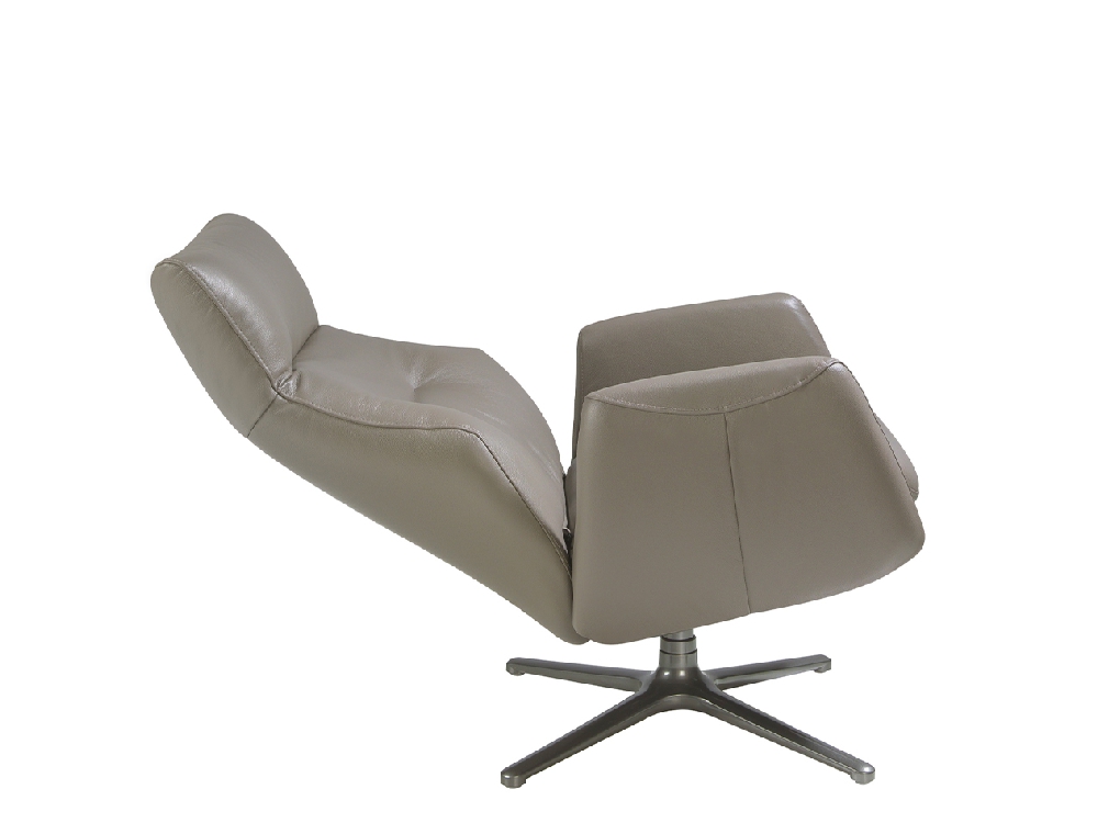 Leather upholstered reclining swivel armchair with darkened steel legs