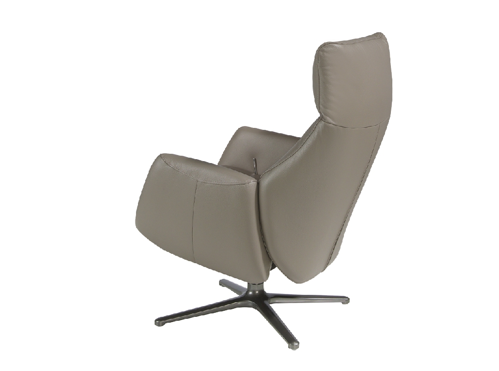 Leather upholstered reclining swivel armchair with darkened steel legs