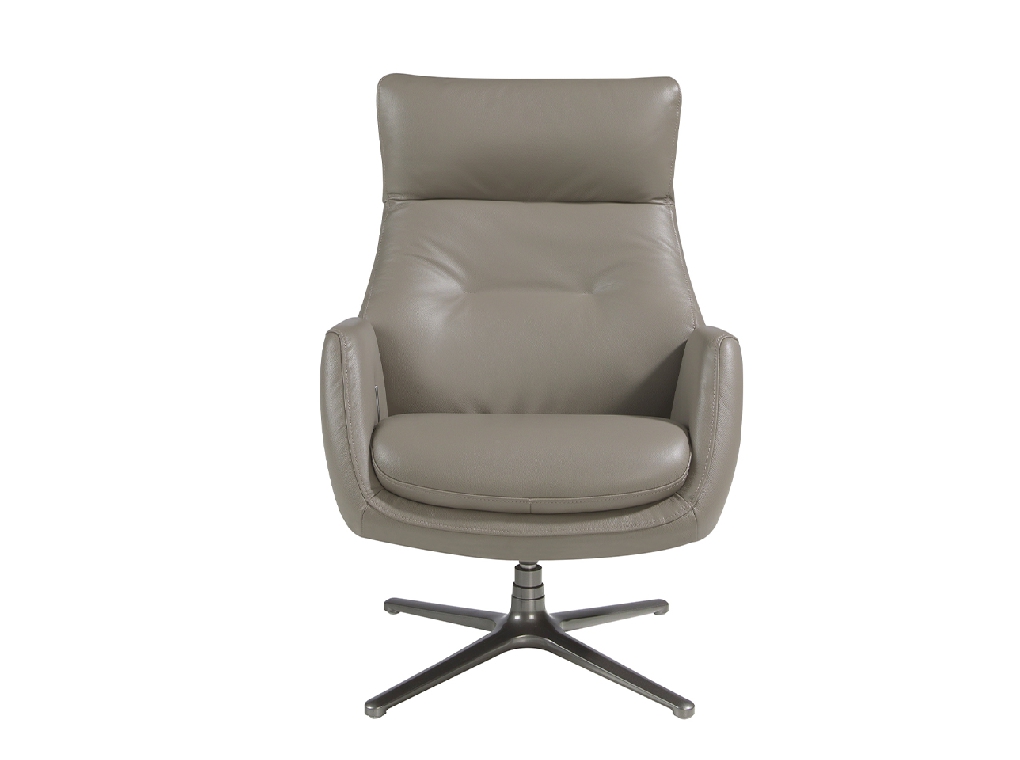 Leather upholstered reclining swivel armchair with darkened steel legs