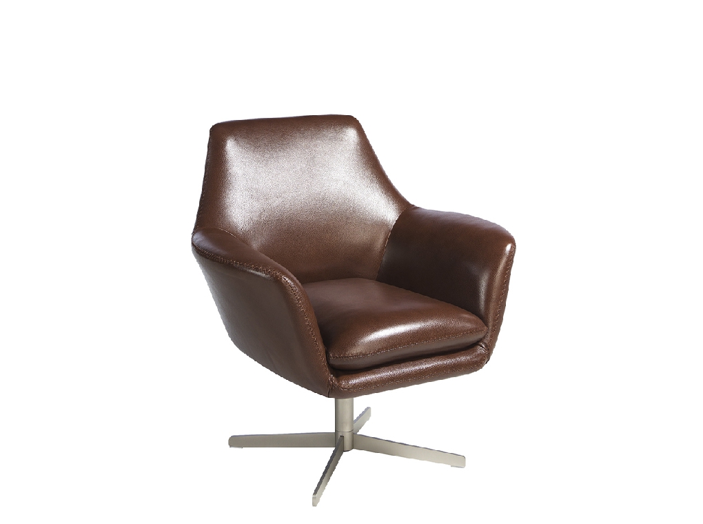 Swivel armchair upholstered in leather and polished steel structure.