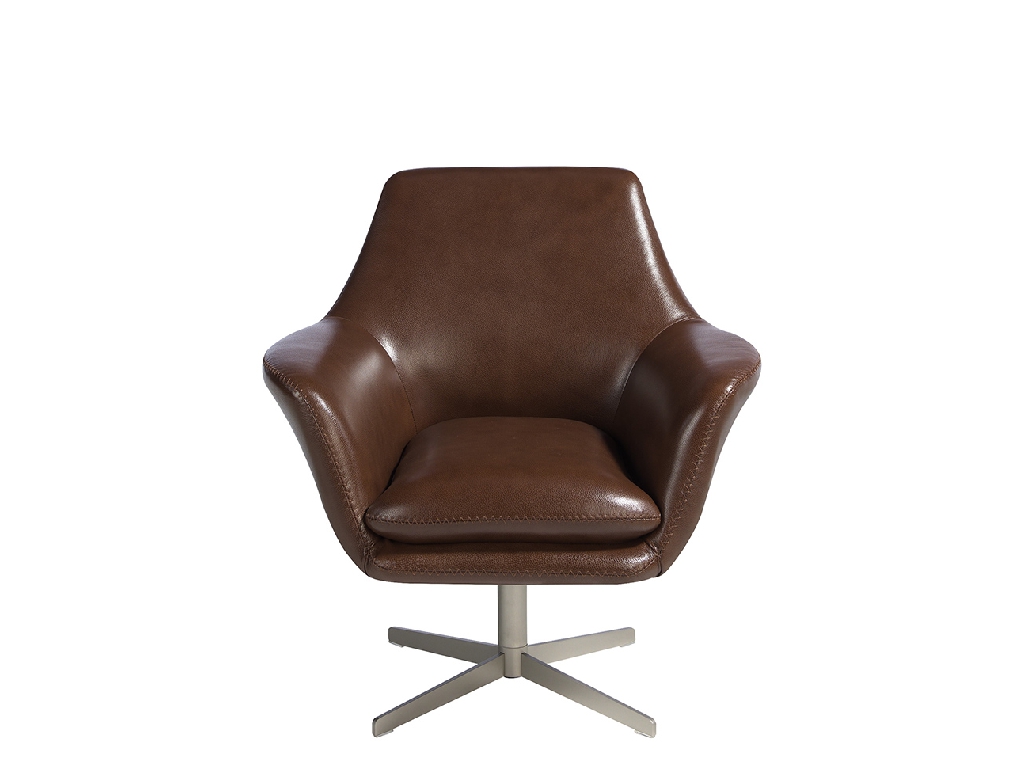 Swivel armchair upholstered in leather and polished steel structure.