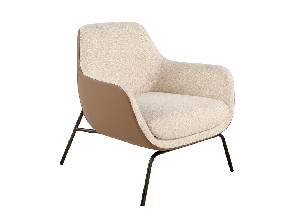 Fabric and eco-leather upholstered armchair with black steel legs