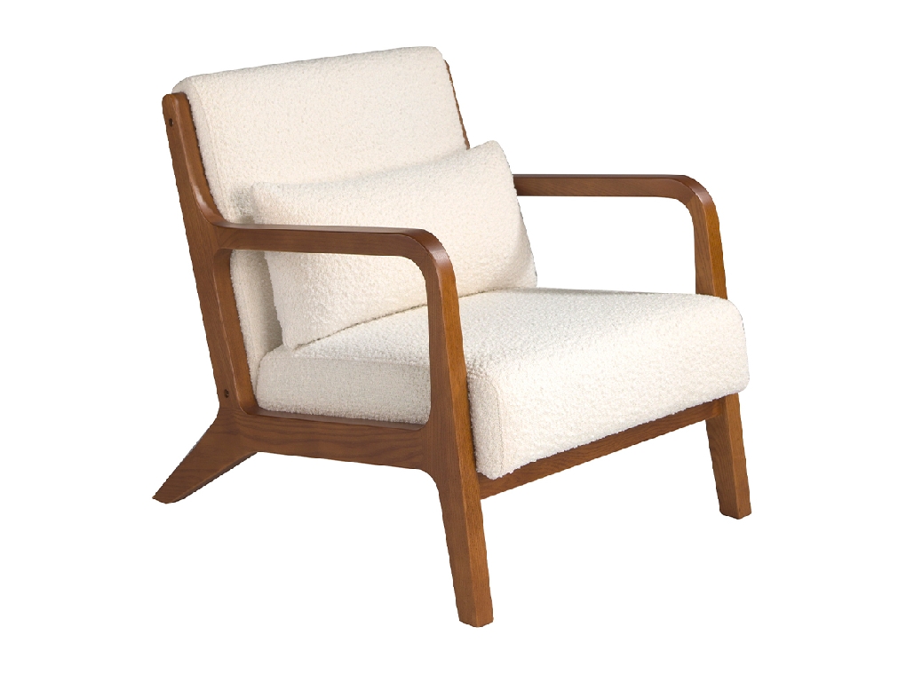 Armchair upholstered in fabric and walnut-coloured wooden structure.