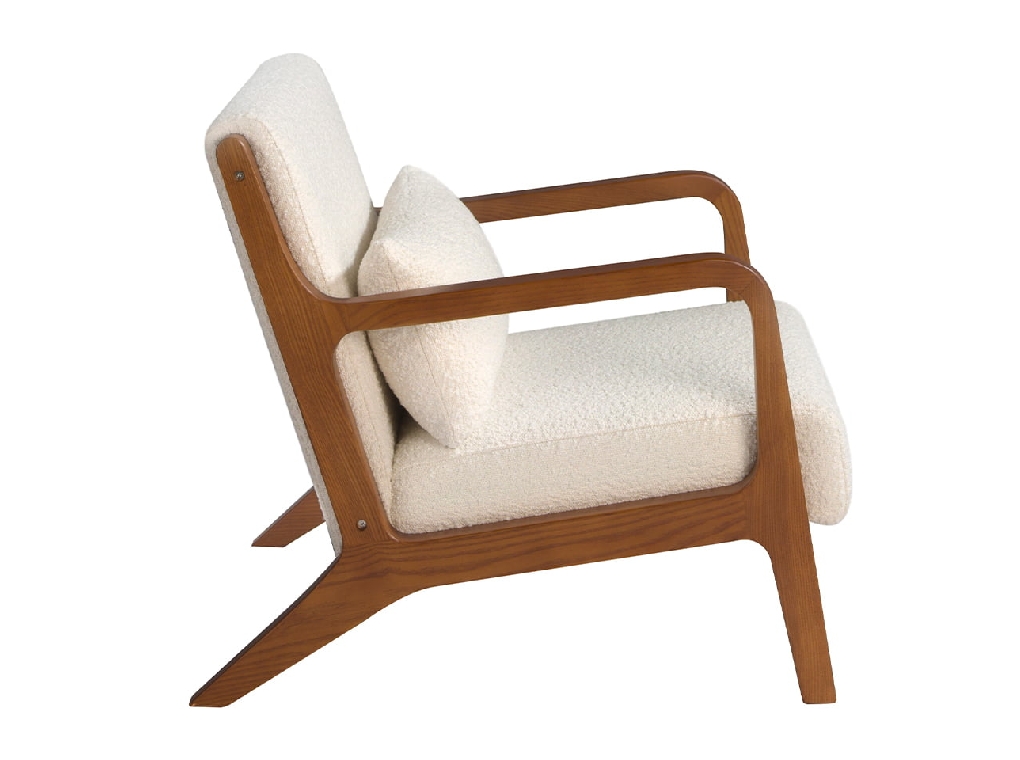 Fauteuil tapissé en tissu et structure en bois couleur noyer.