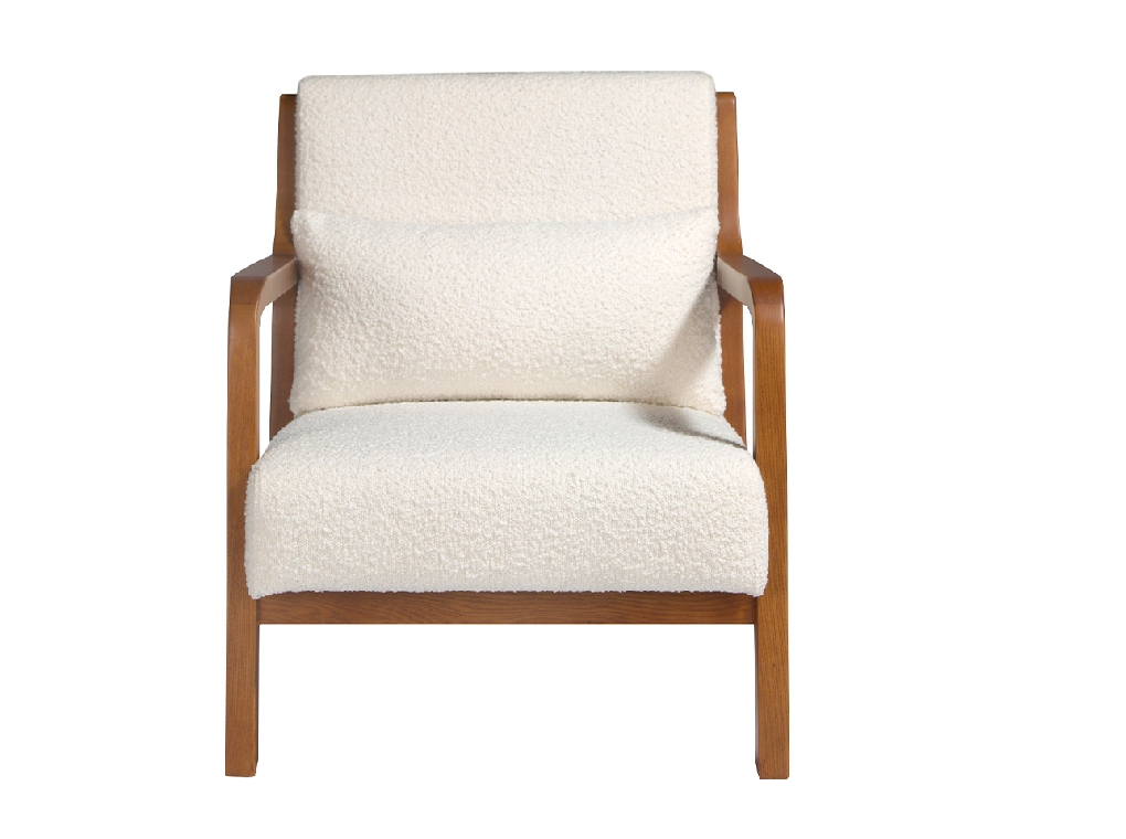 Armchair upholstered in fabric and walnut-coloured wooden structure.