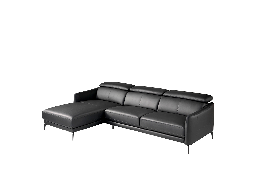 Chaise longue sofa upholstered in leather and black steel legs