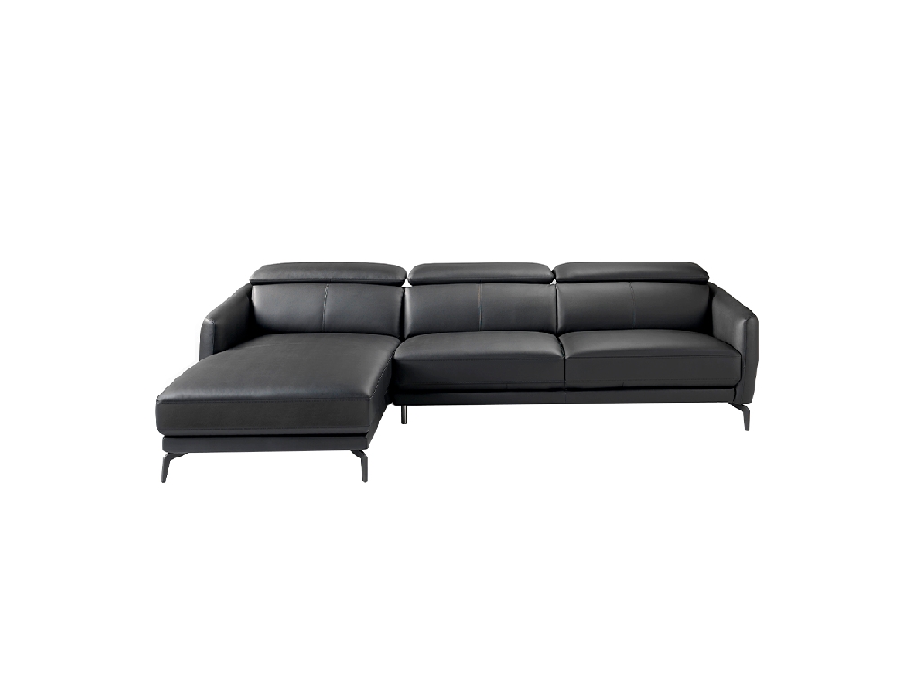 Chaise longue sofa upholstered in leather and black steel legs