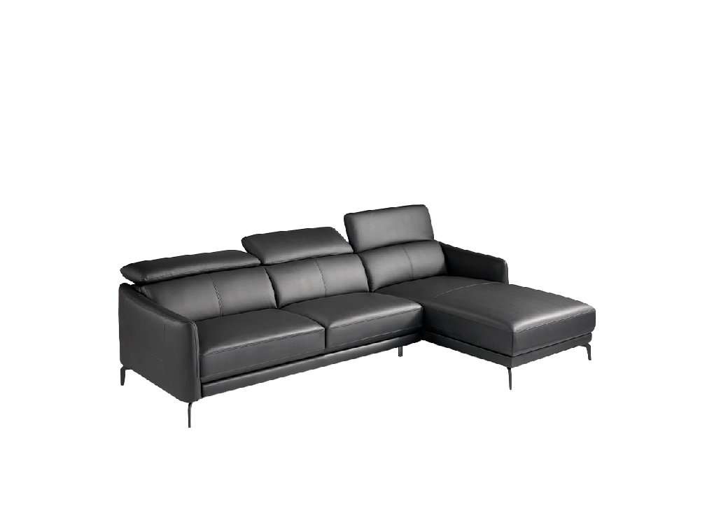 Chaise longue sofa upholstered in leather and black steel legs