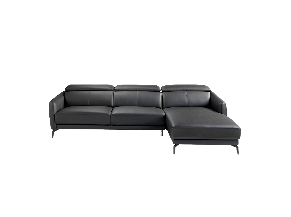 Divano chaise longue rivestito in pelle e gambe in acciaio nero