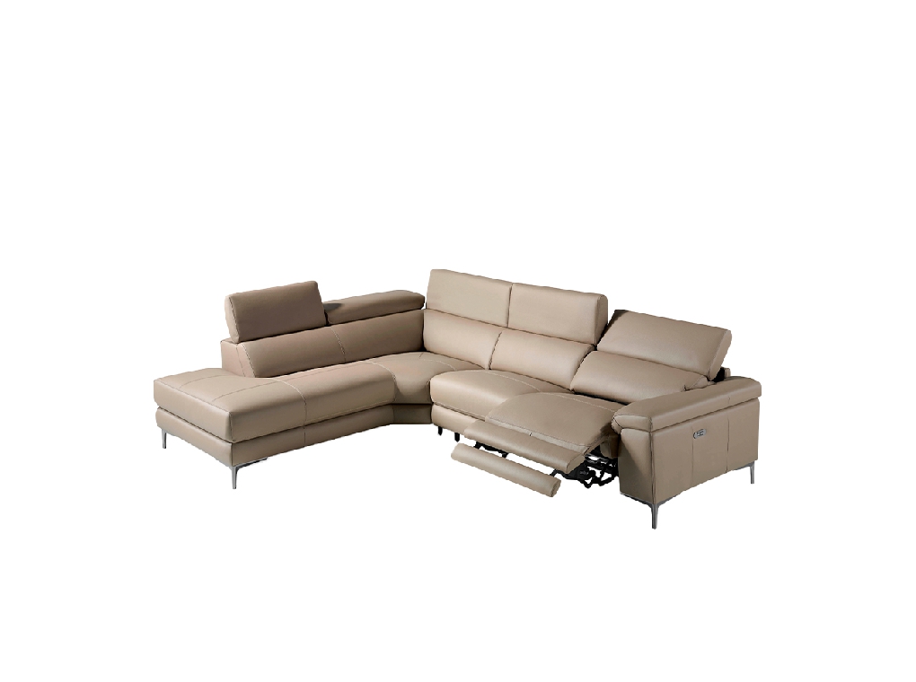 Corner sofa upholstered in leather with relax mechanism