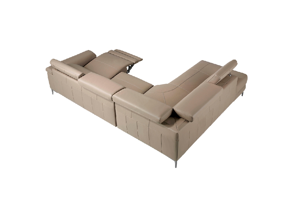 Corner sofa upholstered in leather with relax mechanism