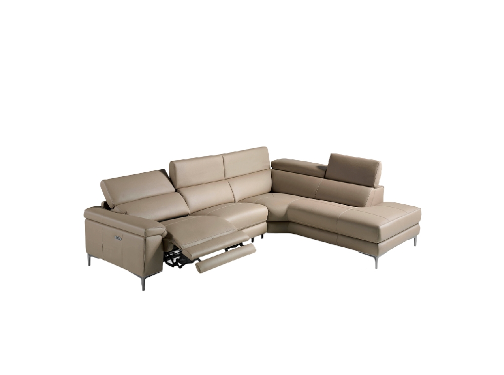 Corner sofa upholstered in leather with relax mechanism