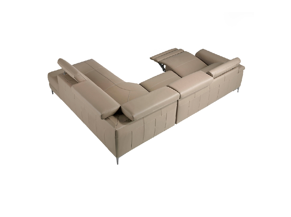 Corner sofa upholstered in leather with relax mechanism