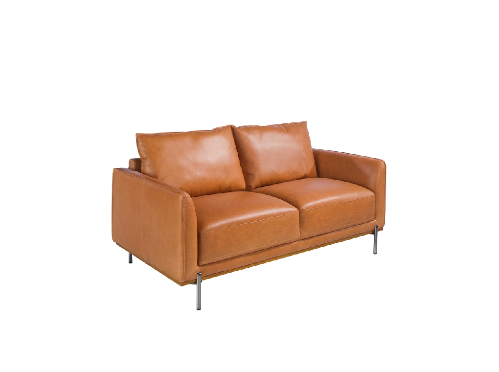 2 seater sofa upholstered in leather with darkened steel legs