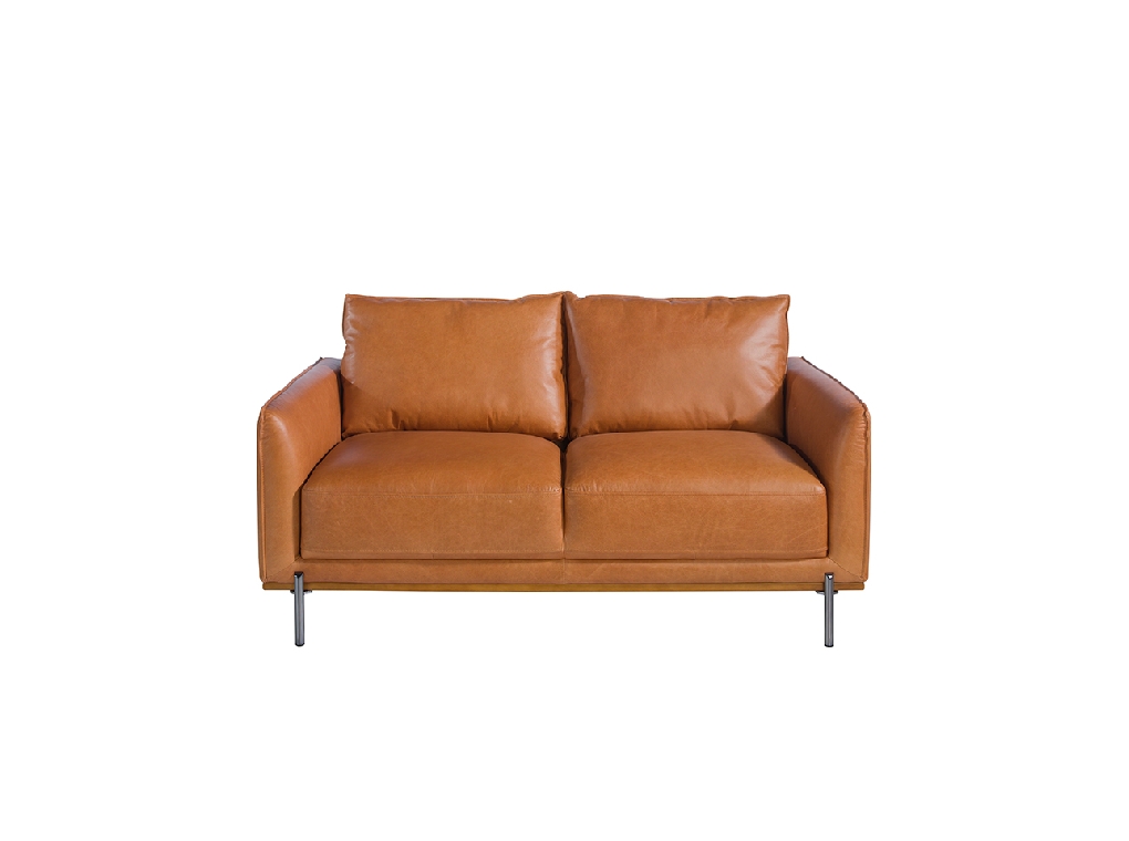 2 seater sofa upholstered in leather with darkened steel legs