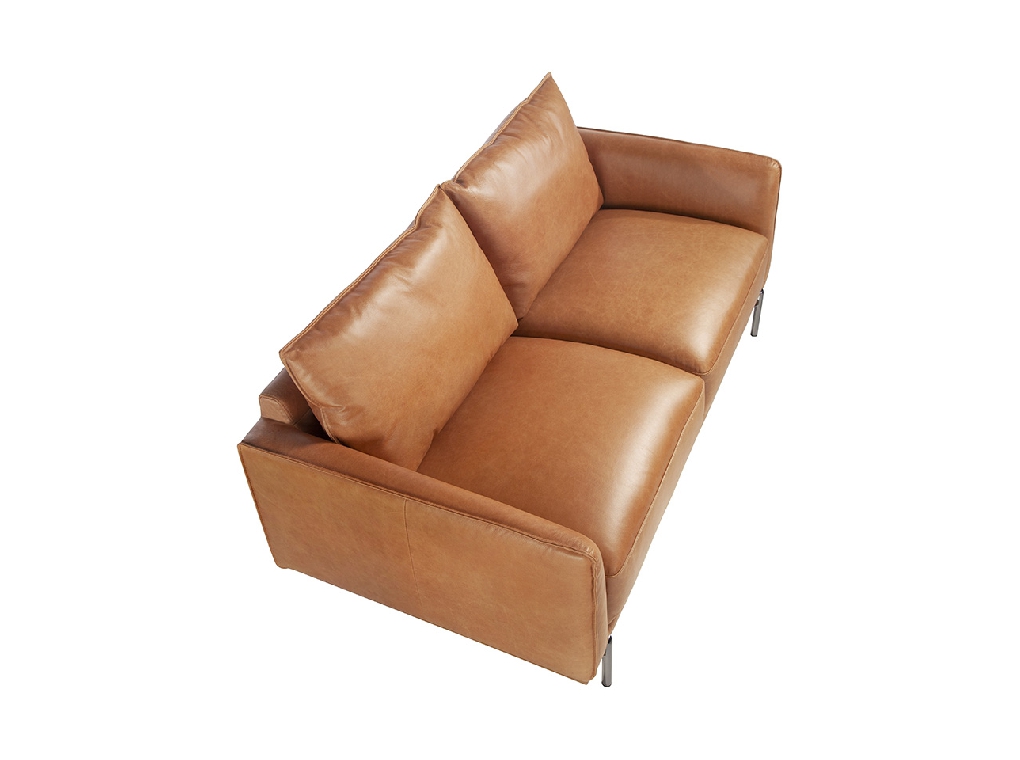2 seater sofa upholstered in leather with polished steel legs