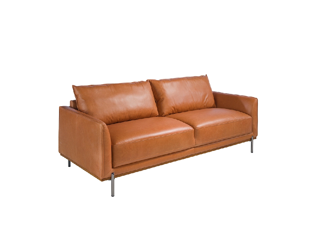 3 seater sofa upholstered in buffalo brown cowhide leather with base in steamed beech wood. Leg structure in solid darkened steel.