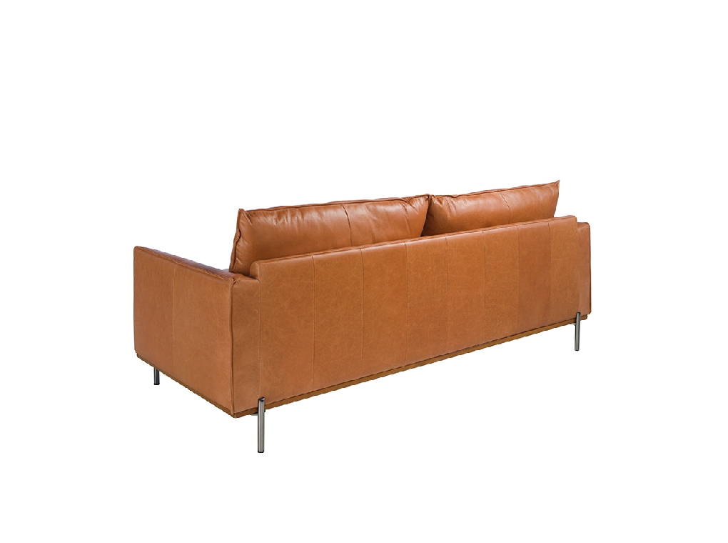 3-Sitzer-Sofa mit Polsterung aus büffelbraunem Rindsleder und Gestell aus gedämpftem Buchenholz. Beinstruktur aus massivem, geschwärztem Stahl.