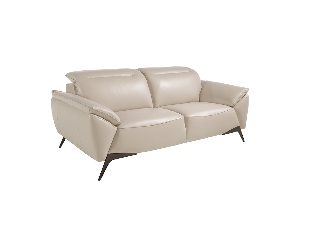 2 seater sofa upholstered in taupe grey leather with black steel legs