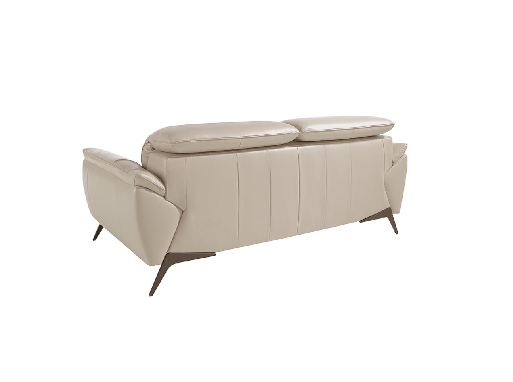 2 seater sofa upholstered in taupe grey leather with black steel legs