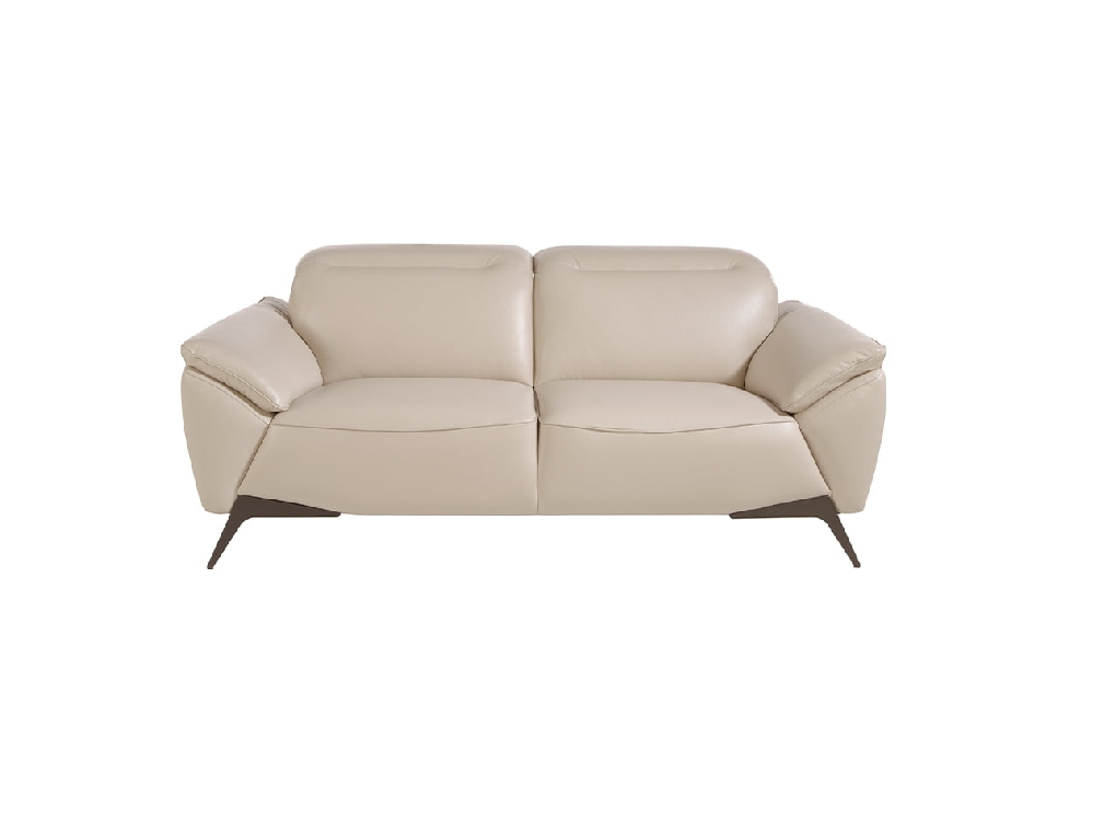 2 seater sofa upholstered in taupe grey leather with black steel legs