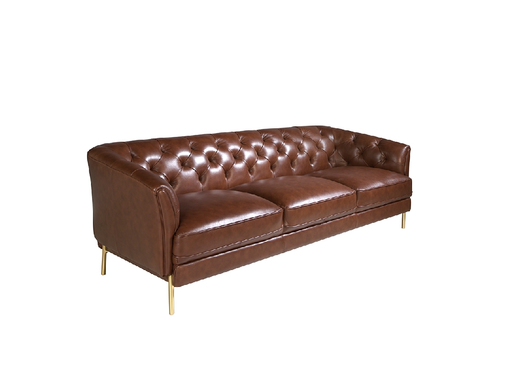 3 seater sofa upholstered in leather with golden polished steel legs