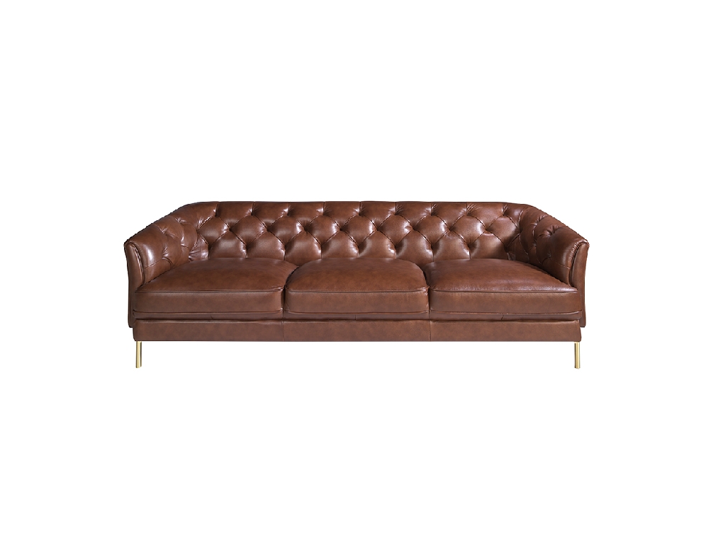 3 seater sofa upholstered in leather with golden polished steel legs