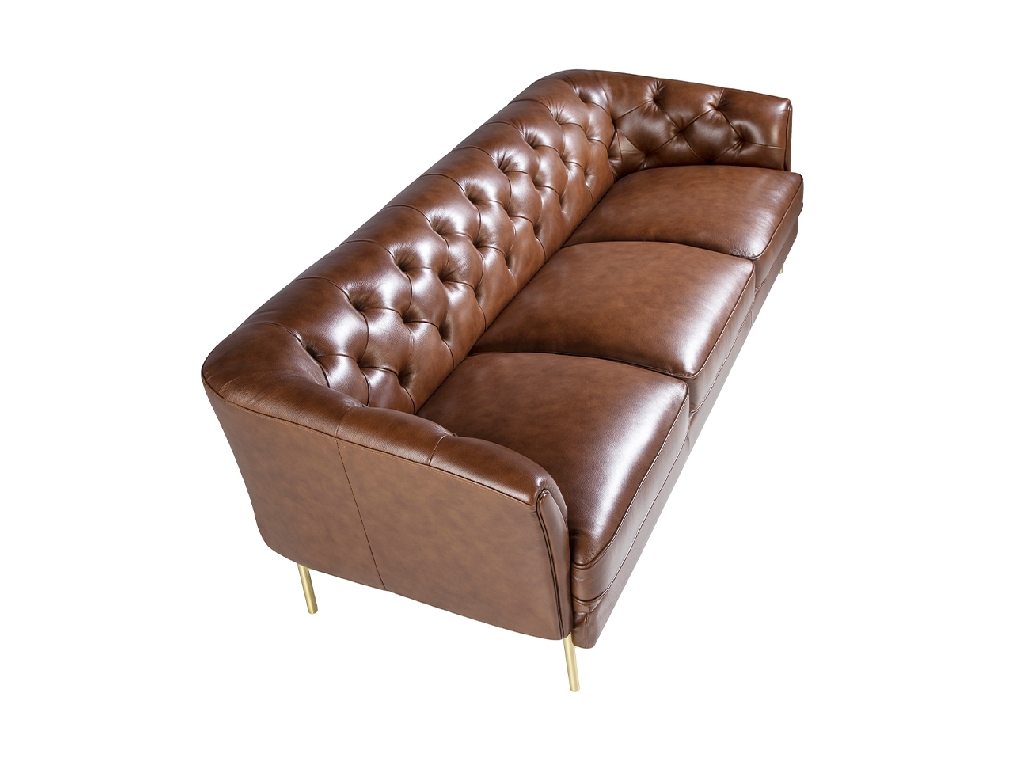 3 seater sofa upholstered in leather with golden polished steel legs