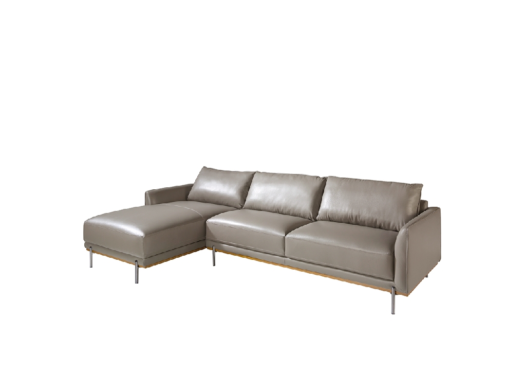 Chaise longue sofa upholstered in leather and legs in darkened steel.