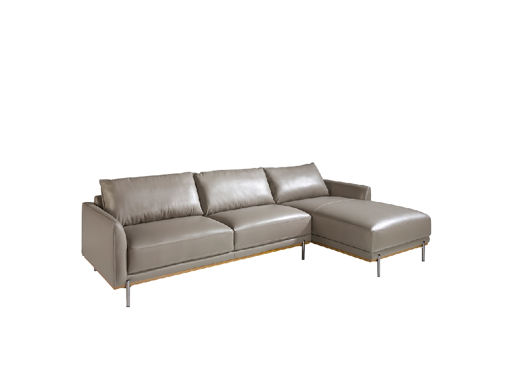 Chaise longue sofa upholstered in leather and legs in darkened steel.