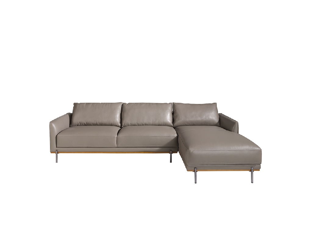 Chaiselongue-Sofa mit Lederbezug und Beinen aus abgedunkeltem Stahl.