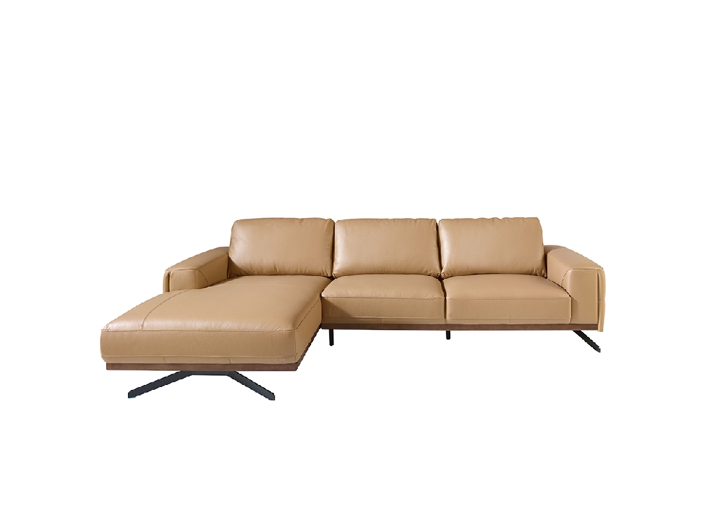 Leather upholstered chaise longue sofa with black steel legs