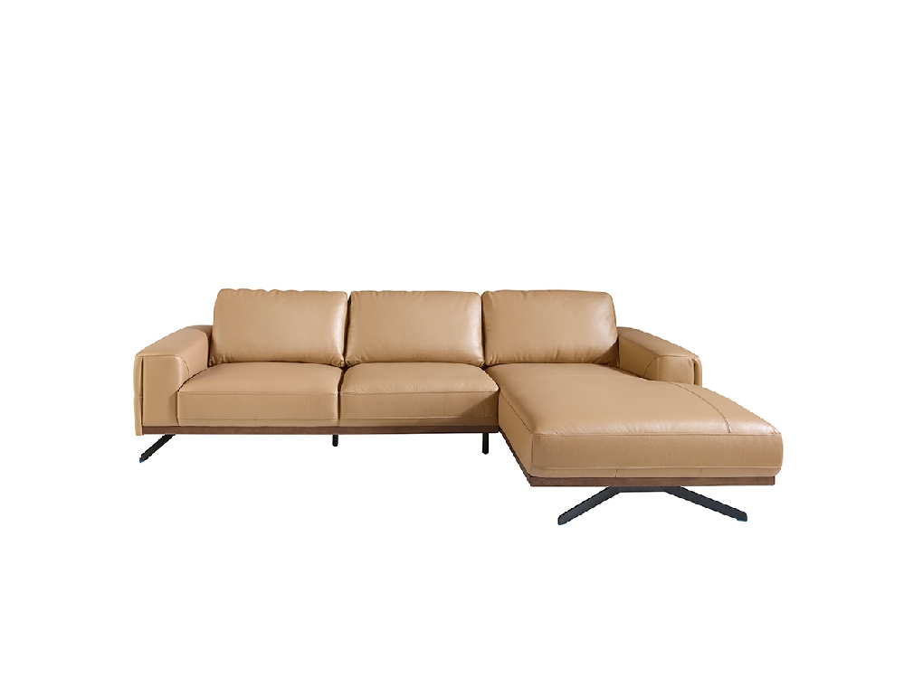 Leather upholstered chaise longue sofa with black steel legs