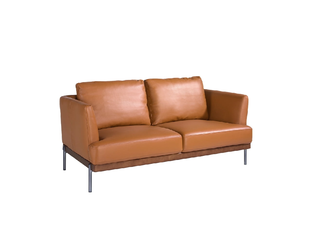 2 seater sofa upholstered in leather with darkened steel legs