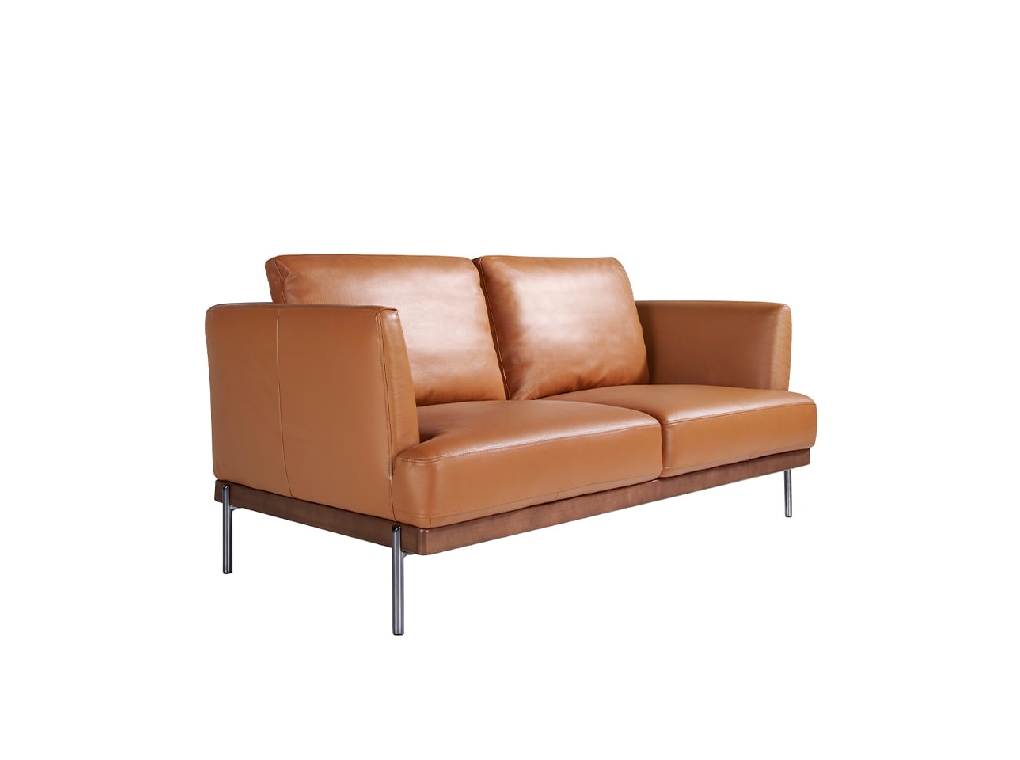 2 seater sofa upholstered in leather with darkened steel legs