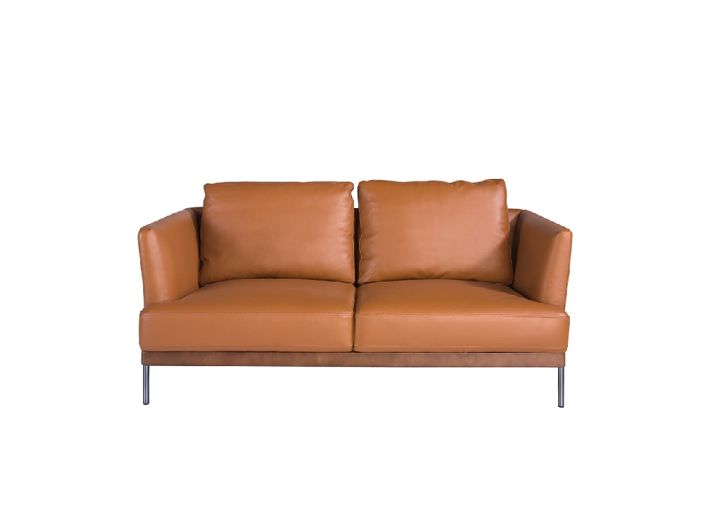 2 seater sofa upholstered in leather with darkened steel legs