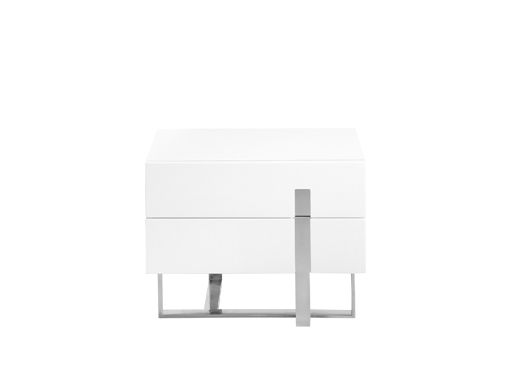 White wooden bedside table and chrome steel