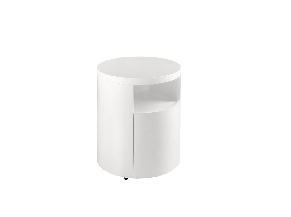 White round wooden bedside table