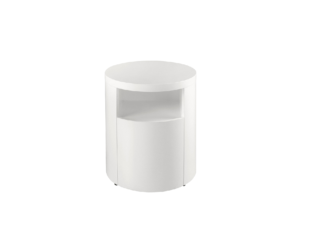 White round wooden bedside table