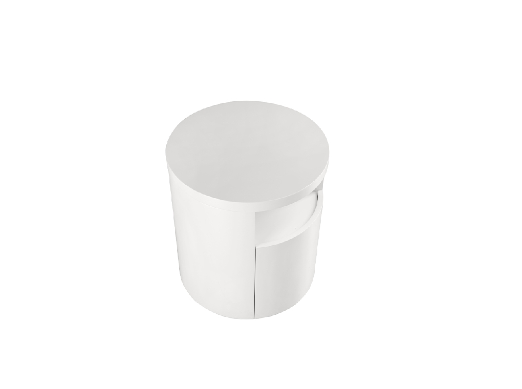 White round wooden bedside table