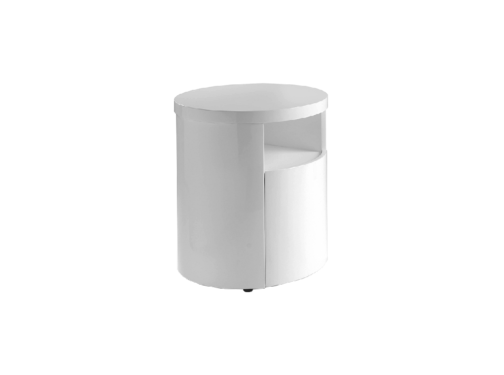 White round wooden bedside table