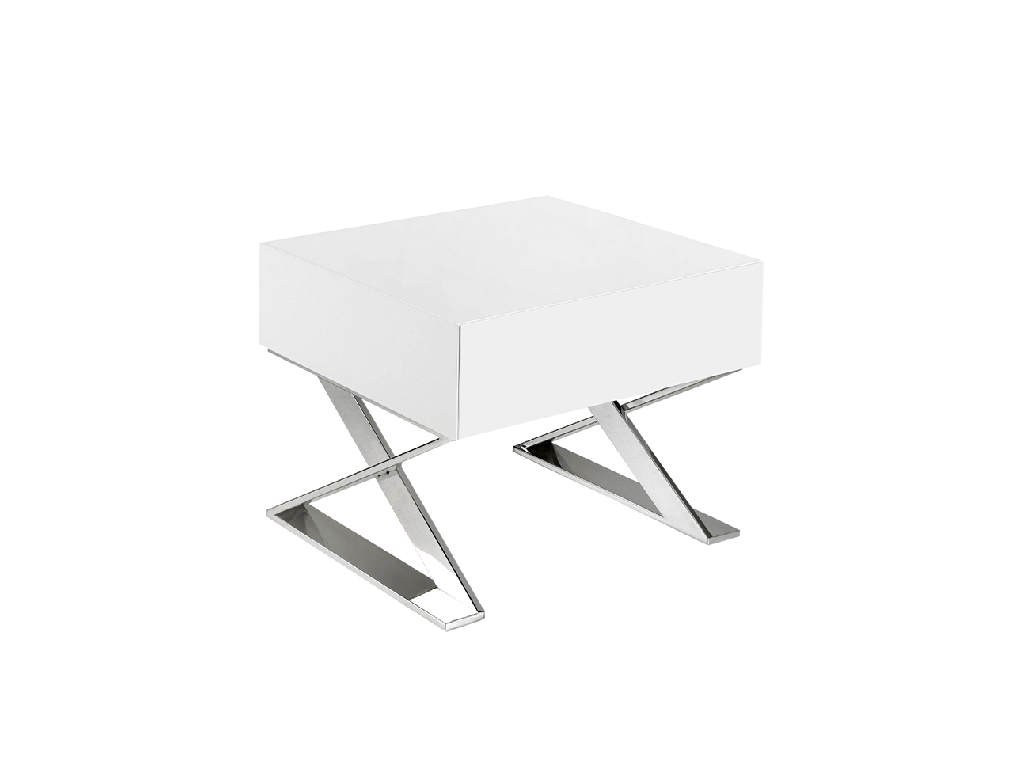 White wooden bedside table and chrome steel